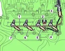 Расположение возвратного топливопровода (1) и электрических разъемов (2–7).