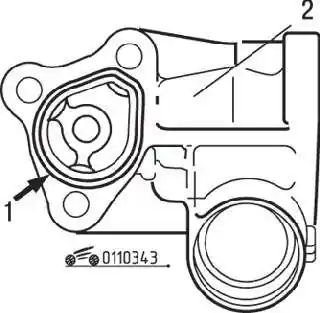 Место нанесения (1) герметика в виде валика диаметром 3±0,5 мм Mitsubishi Genuine Part MD970389 или подобного ему на сопрягаемую поверхность входного патрубка (2)