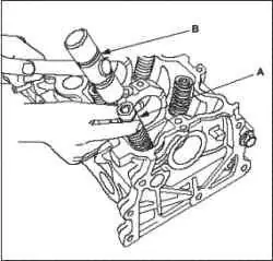 Снятие клапана головки блока цилиндров, пружины, уплотнений клапанов (L13A)