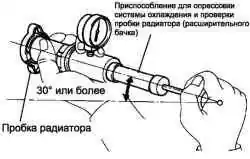 Подсоединение приспособления для опрессовки и проверки пробки радиатора