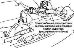 Подсоединение приспособления для опрессовки системы охлаждения и проверки пробки радиатора