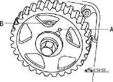 Установочные метки на зубчатом шкиву А распределительного вала и головке блока цилиндров В двигателя рабочим объемом 1,3 л