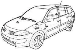 Расположение тoчек соединения на «массу» автомобиля Megane II с кузовом «универсал»